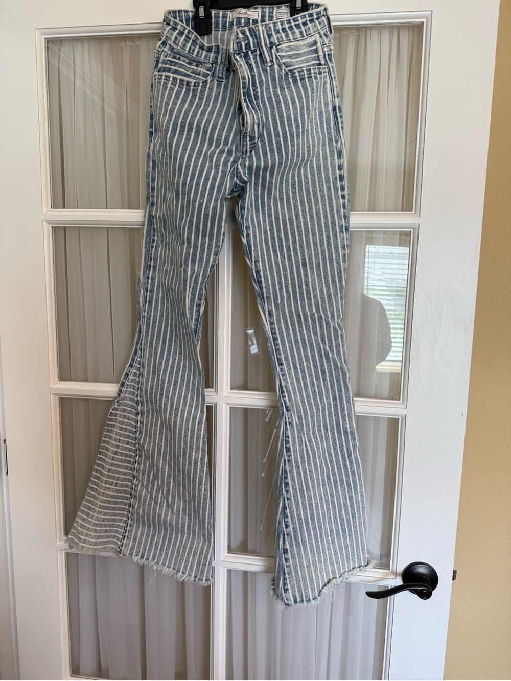 KanCan Blue & White Vertical Stripe High-Rise Flare Jeans